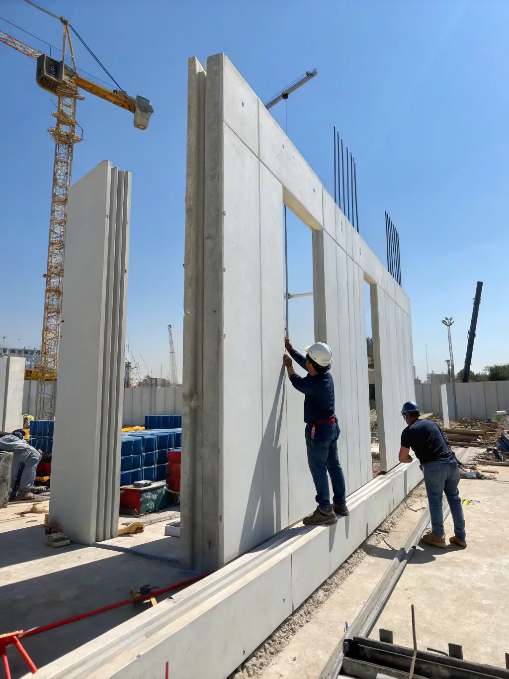 A high-angle, sunlit photograph of a precast wall panel being installed on a commercial building, showcasing the panel's smooth finish and precise fit.