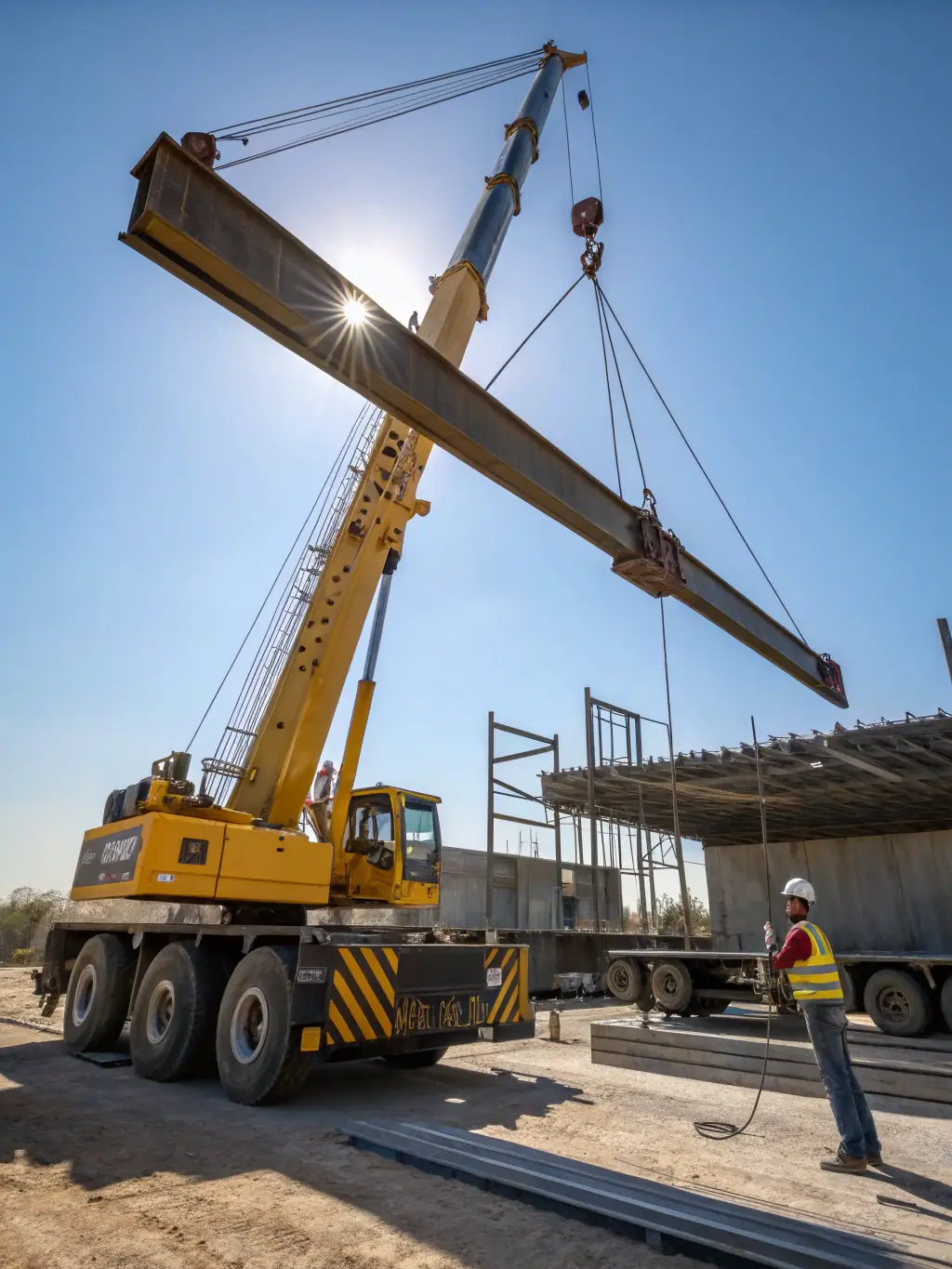 A close-up shot of a crane lifting a precast beam into place, highlighting the beam's size and the precision required for installation.